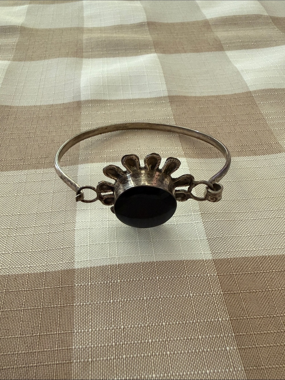 Sterling-Style Silver Sunburst Bracelet with Black Center Stone